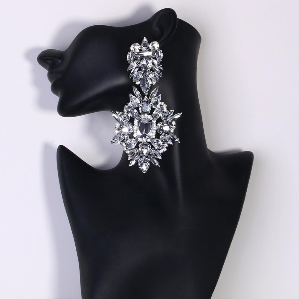 Silver Rhinestone Earrings Large Dangle Statement… - image 5